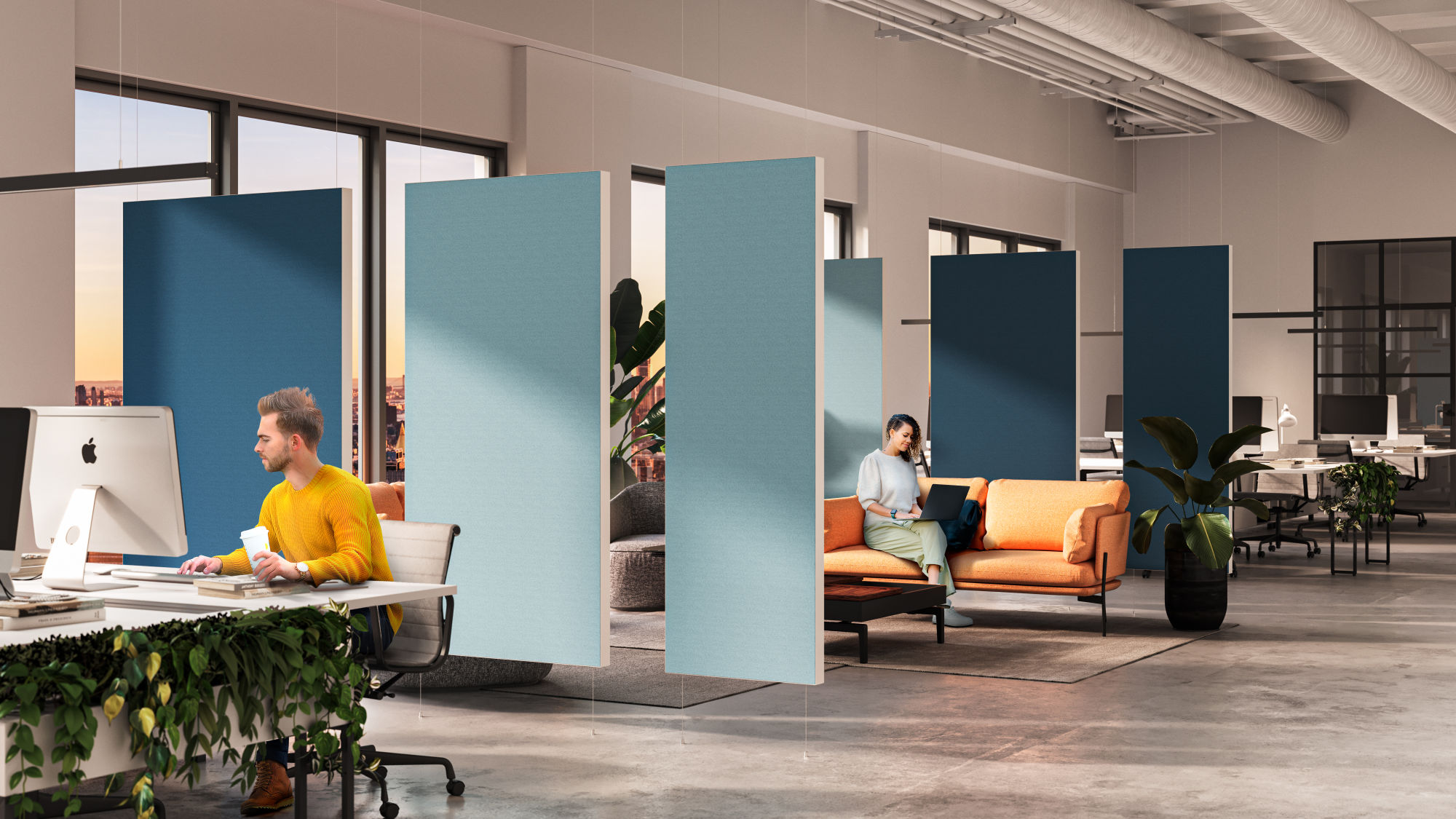 Create acoustically optimized areas with Rockfon Canva hanging divider